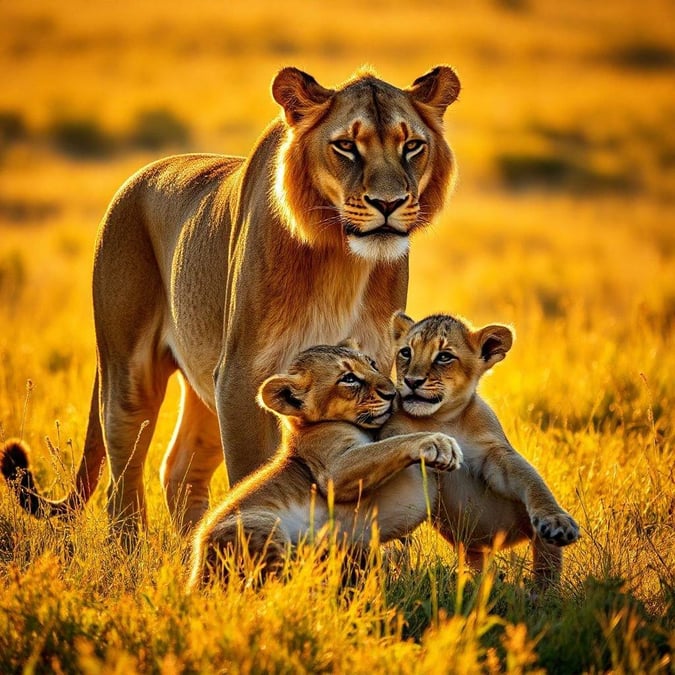 A majestic mother lion with her cubs in their natural habitat, basking in the warm sunlight of a safari landscape.