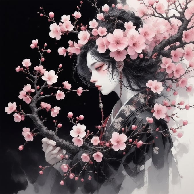 A serene image of a samurai with cherry blossoms, set against a dark background, capturing a moment of peaceful reflection.