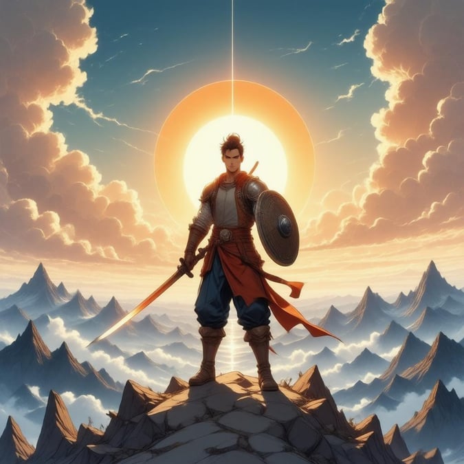 This anime wallpaper features a brave warrior standing on a mountain peak, holding a sword and shield, with the sun setting behind him and casting an orange glow across the landscape. The sky is filled with clouds, and the sun's rays illuminate the mountains below.