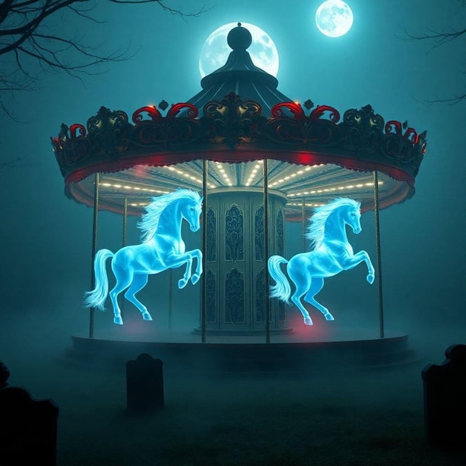 A Halloween-themed scene at midnight, with a majestic blue carousel horse in motion against the backdrop of a full moon and gothic trees.