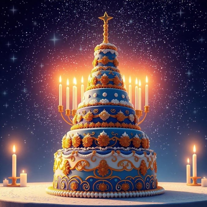 A golden blue candlelit Hanukkah cake with intricate icing designs, perfect for a festive holiday celebration.