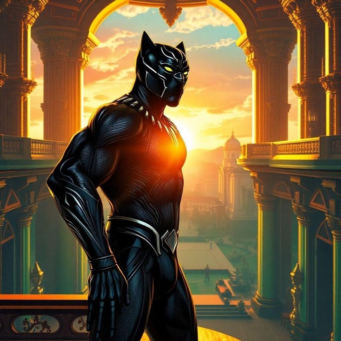 Experience the thrill of being part of Wakandan royalty with this stunning wallpaper featuring Marvel's Black Panther. Embrace your inner warrior as you gaze upon T'Channa, protector of his nation and a symbol of strength and valor. This comic legend stands tall against the backdrop of an ancient city during sunrise, ready to defend his kingdom at all costs.