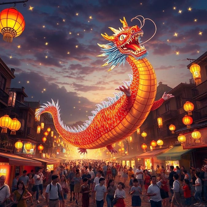 This captivating anime-style wallpaper showcases a majestic dragon dancing in the streets, surrounded by a vibrant and lively atmosphere.