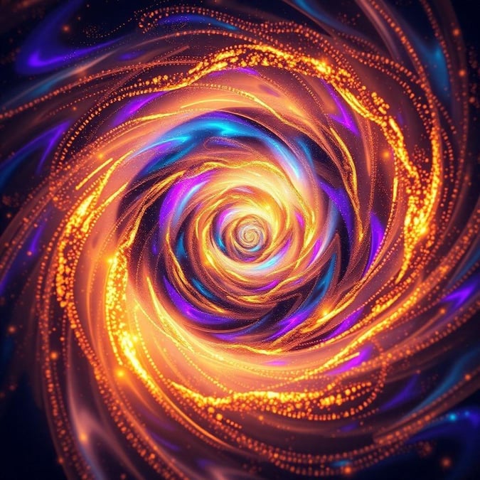 This mesmerizing abstract wallpaper captures the swirling force of cosmic energy. Watch as the golden spiral at the center draws you into its depths, surrounded by a galaxy of purple and blue sparkles that add to its mystical charm.