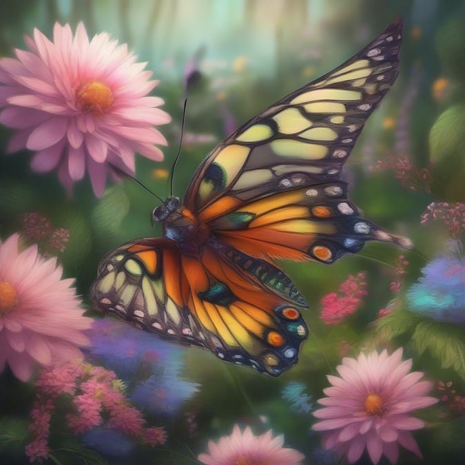 Discover the beauty of nature with this stunning wallpaper featuring a vivid butterfly soaring above a lush garden of flowers. This image captures the essence of spring and summer's warmth, perfect for your desktop or mobile device to brighten up your day.