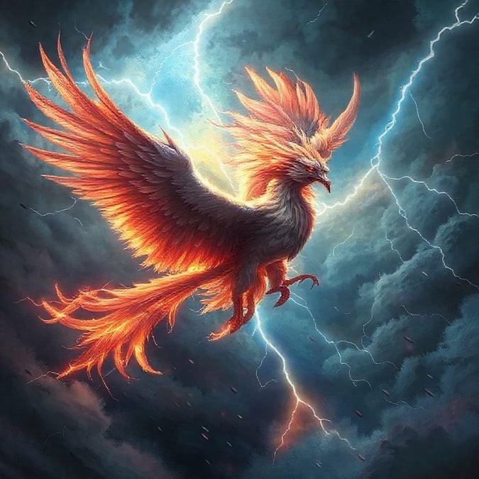 A striking griffin soars through the stormy sky, wings spread wide in a magnificent display of power and grace. The intricate details on its body shimmer with an inner light that cuts through the tempestuous backdrop.