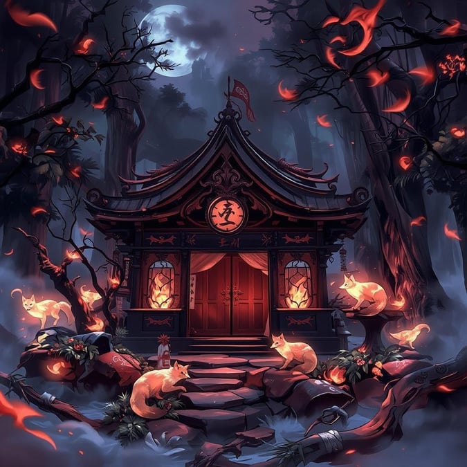 This enchanting anime shrine is nestled in a misty forest, surrounded by glowing fox spirits. The illustration captures a sense of mystery and magic, with a dark background that adds to the mystical atmosphere.