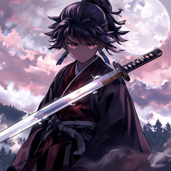 Dyk ned i den fængslende verden af anime med dette fantastiske baggrundsbillede, der viser en ung samurai stående på toppen af et majestætisk bjerg, hvis sværd lyser i den tågede atmosfære.