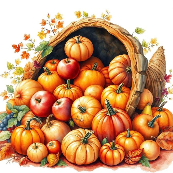 A festive Thanksgiving wallpaper with a basket overflowing with pumpkins and apples, evoking the spirit of autumn harvests.