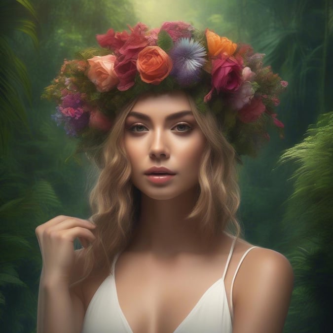 This stunning wallpaper showcases a woman adorned with a vibrant floral crown, set against a backdrop of lush greenery. The image exudes a sense of natural elegance and serenity, making it a perfect choice for those who appreciate the beauty of nature.