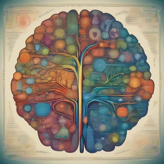 A creative illustration of a brain that includes elements of science, learning, and imagination.