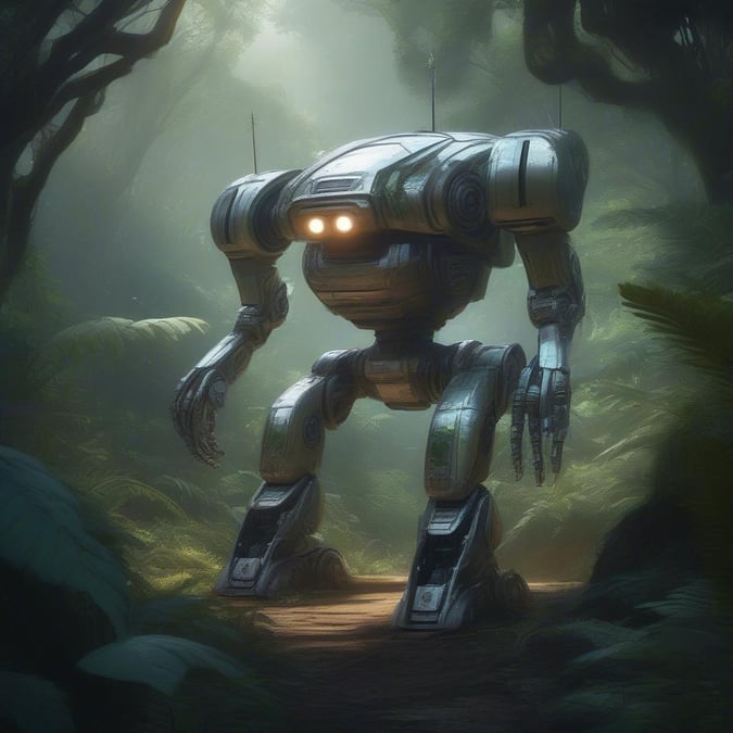 A solitary robot strides through a misty forest, its glowing eyes illuminating the path ahead. The intricate design and sturdy build suggest it's no ordinary machine; instead, it could be a testament to advanced robotics or even a character from a science fiction tale.