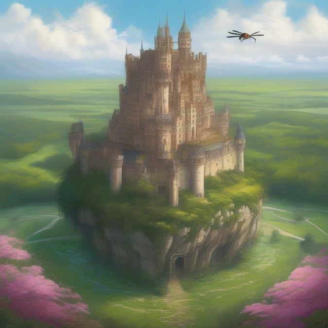 This enchanted castle sits atop a verdant hill, complete with cobblestone paths leading up to its grand entrance. A whimsical moat encircles the base of the castle, adding an element of mystique to this fairytale setting. In the clear sky overhead, a flying drone inspects the majestic edifice from above.