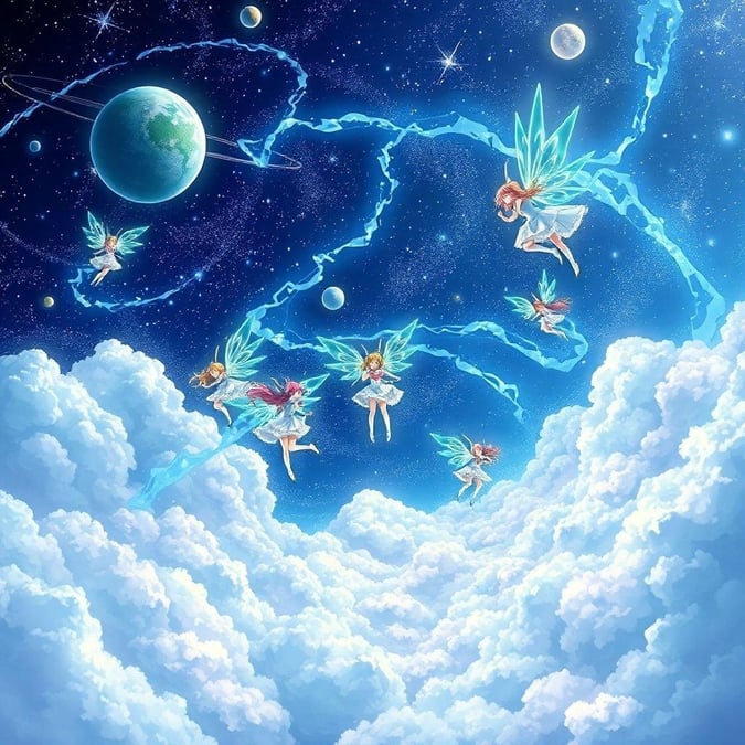 This enchanting wallpaper features a group of magical girls soaring through the clouds, their bodies radiating a mesmerizing blend of blues and greens. The scene is set against a stunning backdrop of stars and planets, evoking a sense of wonder and magic.