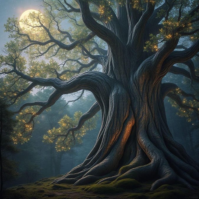 This 3D art image depicts a serene forest scene under a full moon. The centerpiece is a large, twisted tree that seems to be telling stories of the ages with its gnarled branches reaching out into the night sky. The ground beneath is softly lit by the moon's light reflecting off the misty surface, casting a magical glow on the surrounding foliage. This tranquil scene is perfect for desktop and mobile wallpapers, inviting one to step into the peaceful solitude of nature.