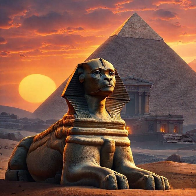 This fantasy image features a majestic sphinx statue set against the backdrop of the Great Pyramid of Giza, exuding an air of mystique and wonder.