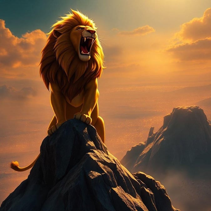 Simba from The Lion King sits atop a rock, his mouth open in a powerful roar. The sunset in the background adds to the dramatic effect of the image.