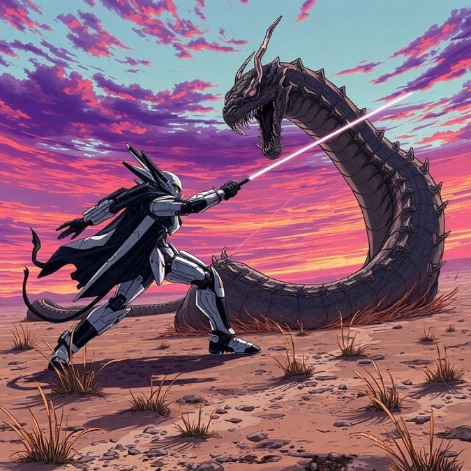 Get ready for an epic anime battle scene with a futuristic mecha warrior and a giant serpent. The desolate landscape and distant sky set the stage for an intense fight.