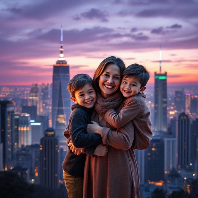 A warm Mother's Day image featuring a woman embracing her two children against the backdrop of iconic skyscrapers.