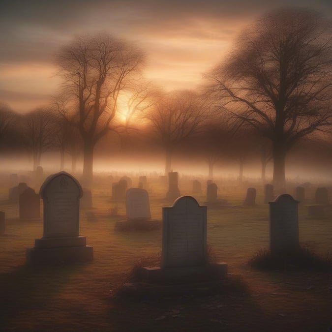 This haunting wallpaper captures the eerie beauty of a cemetery at sunset, perfect for adding a touch of spooky charm to your desktop or mobile device.