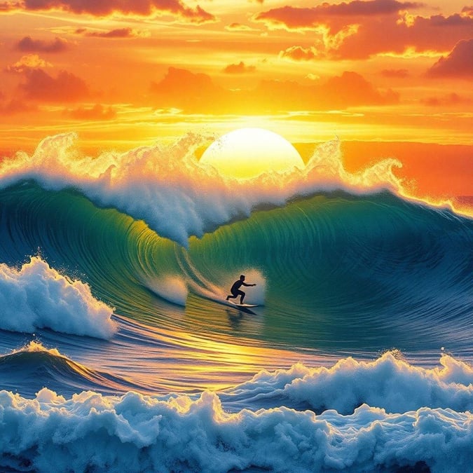 This stunning wallpaper captures the thrill of surfing at sunset, with a surfer riding a wave as the sun dips below the horizon. The vibrant colors and dynamic composition make it a perfect fit for desktop and mobile devices, especially for those who love the sport of surfing.