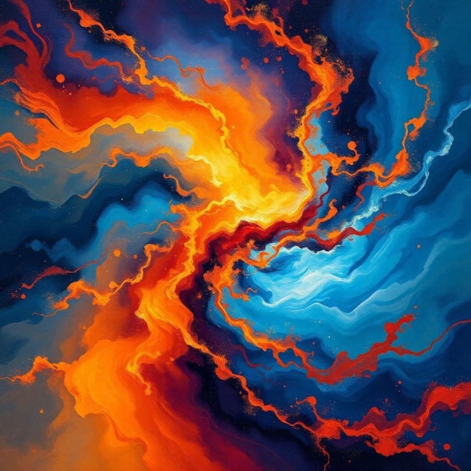 Experience the mesmerizing dance of cosmic forces in this abstract artwork. A vibrant blend of fiery orange, deep blue, and warm yellow hues coalesce into a hypnotic whirl, inviting you to explore the depths of its cosmic beauty.