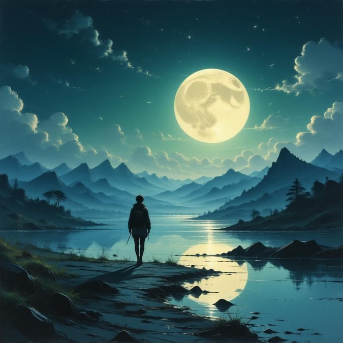 A serene anime-style landscape painting featuring a lone figure walking in the foreground, silhouetted against a bright full moon, creating an Anime-like effect. The sky glows with a warm glow, while distant mountains add depth. The scene is a peaceful fusion of nature and technology, with a palette of blues and greens.