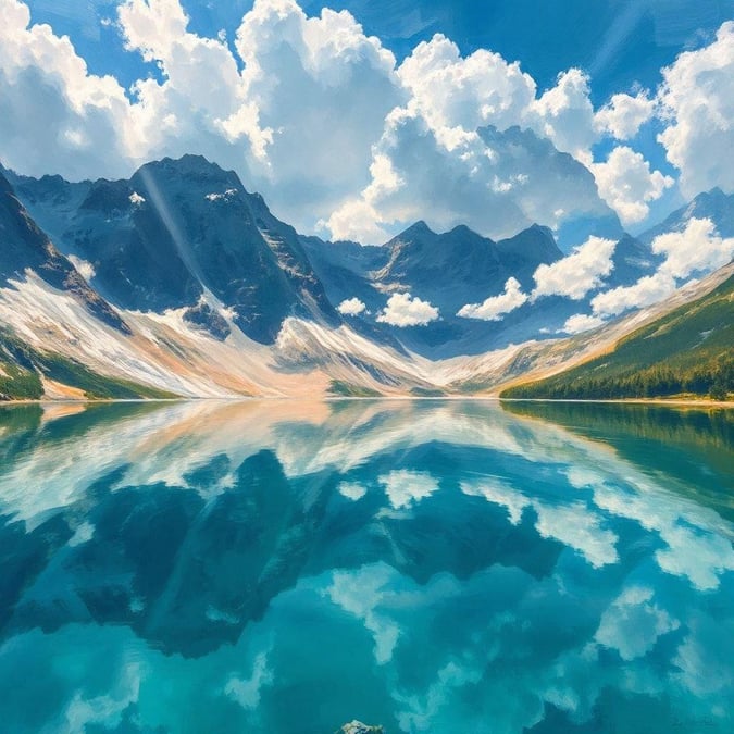 Escape to a peaceful paradise with this stunning wallpaper featuring a serene mountain lake.