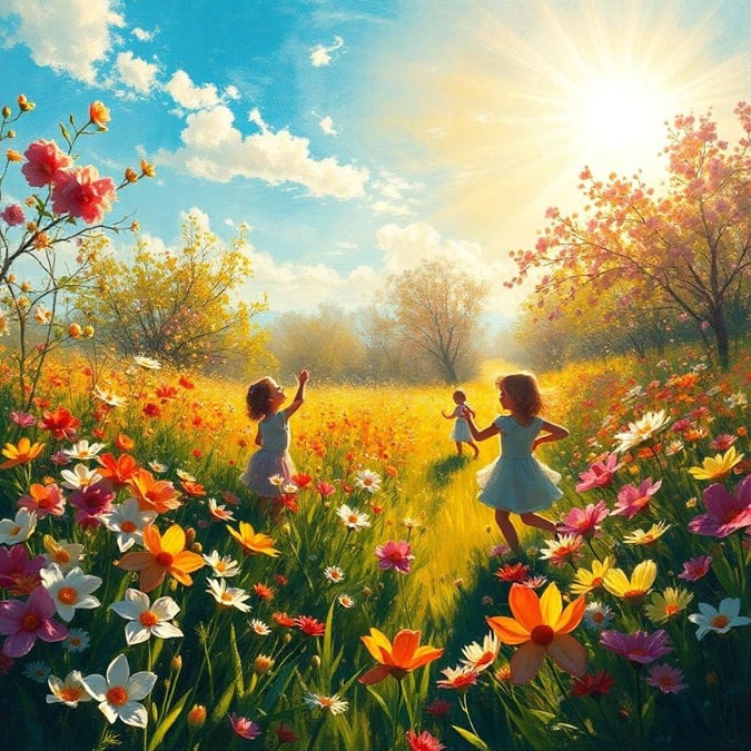 Two children joyfully run through a vibrant flower meadow, enjoying the blossoms on a sunny spring day.