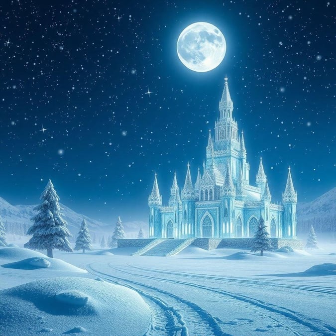 Escape to a serene winter wonderland with this captivating wallpaper, perfect for desktop and mobile devices. The image features a majestic snow-covered castle, a full moon, and a starry night sky, creating a magical and peaceful atmosphere.