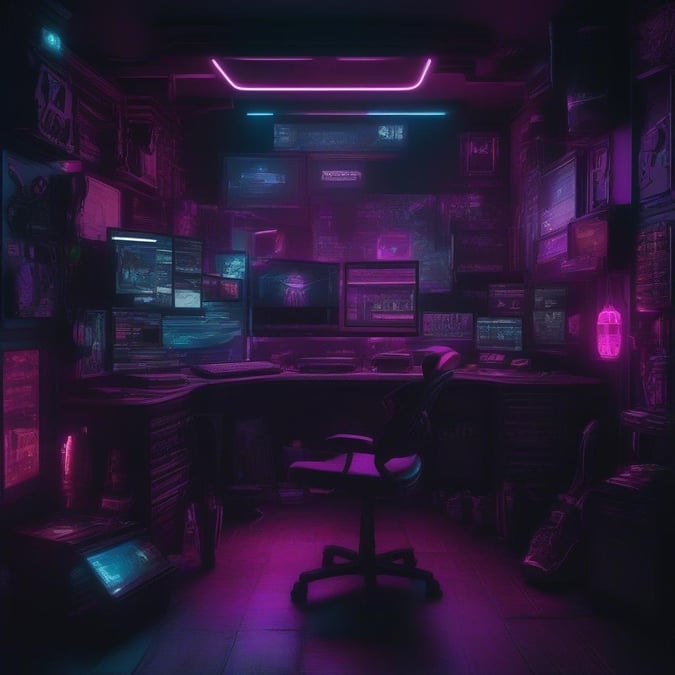 A futuristic gaming room setup with multiple monitors and tech equipment.