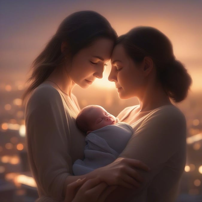 A tender moment between two women as one carries a newborn baby, basking in the warmth of their love on Mother's Day.