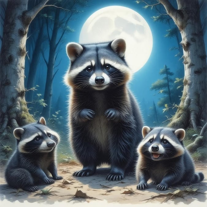 Get ready to be charmed by this whimsical digital illustration of tanuki (raccoon dogs) playing a prank in a dimly lit forest. The central figure, shrouded in mischievous light, is surrounded by a mysterious blue moon, while the other two add a sense of movement. The illustration captures a moment of tranquility, with the animals' fur and the moon's glow adding a magical touch to the scene.