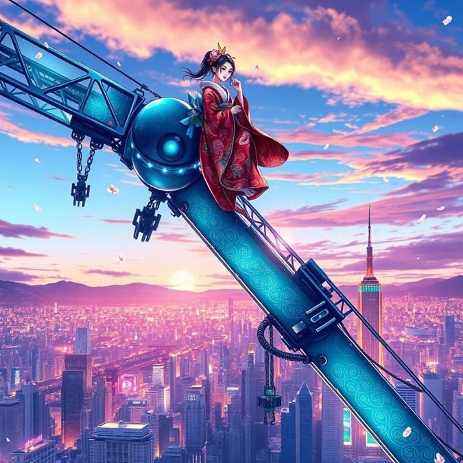 This stunning anime wallpaper features a geisha riding a giant mechanical crane, set against the backdrop of a bustling metropolis. The crane's intricate patterns and lights add a touch of magic to the scene, while the city below comes alive with tall buildings and a prominent skyscraper.