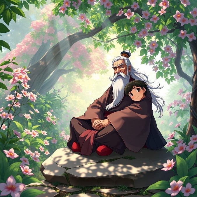 A serene scene featuring an anime character with their wise mentor, sitting amidst the tranquility of nature under blooming trees.