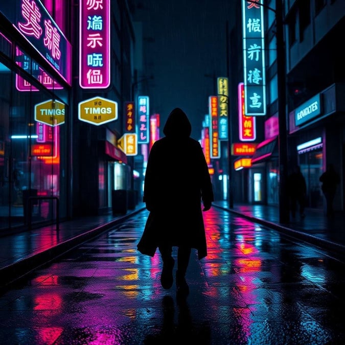 A figure in dark coat, hooded, navigates the neon-lit city streets at night. The atmosphere is futuristic and cyberpunk with glowing signs in an east asian language illuminating the scene.