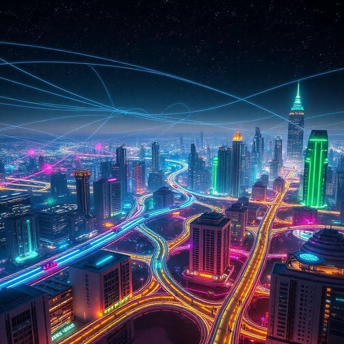 Futuristic city skyline with high-rise buildings lit up in neon colors at night. A stunning view from above.