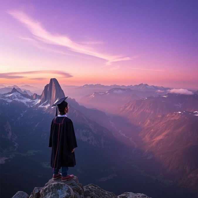 A young graduate stands on a mountain peak, gazing out at the breathtaking view. The sky is painted with hues of pink and purple, and the sun is setting behind the mountains, casting a warm glow over the scene. The graduate's cap and gown are a symbol of their hard work and achievement, and the stunning natural beauty of the landscape serves as a reminder of the vast possibilities that lie ahead.