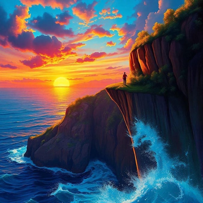 A man stands on a cliff, taking in the breathtaking view of the sunset over the ocean. The sky is ablaze with colors, and the waves crash against the shore below.