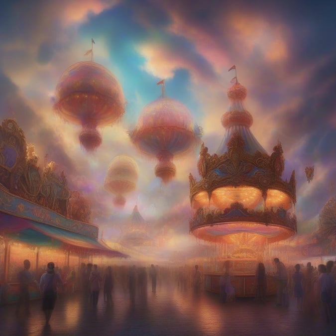 Step into a world of wonder and magic at the carnival, where the carousel and hot air balloons create a sense of excitement and joy.