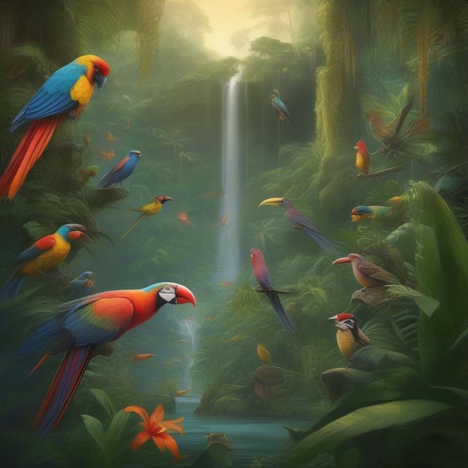 Explore the colorful world of tropical birds in a lush jungle setting. Experience an adventurous escape to exotic lands with this mesmerizing wallpaper.