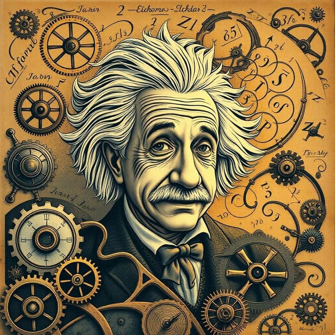 This artwork pays homage to the brilliant mind of Albert Einstein, surrounded by the gears and wheels that symbolize his groundbreaking theories and ideas.