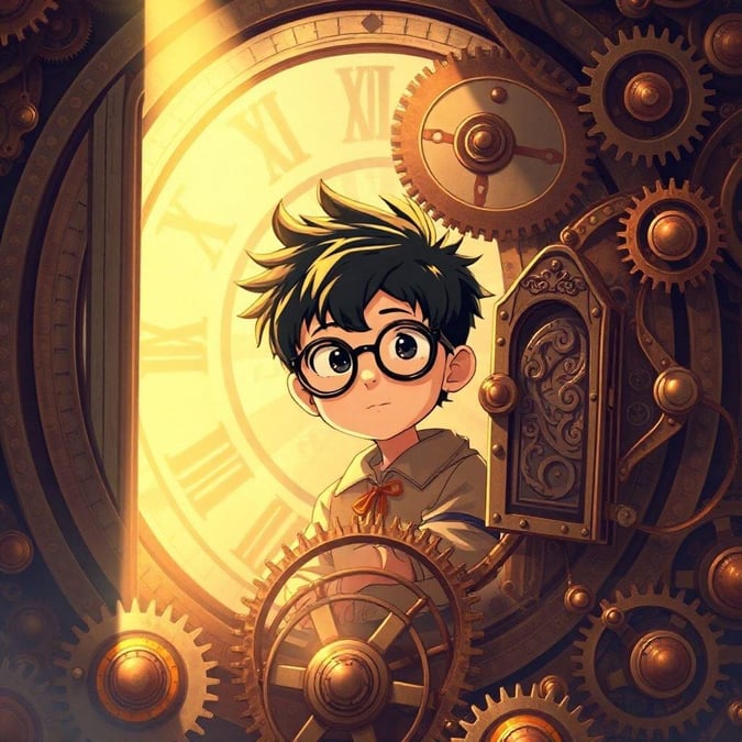 This captivating wallpaper features a shy young boy inside an antique clockwork machine, surrounded by intricate details and warm hues. The mysterious figure is showcased in a large window with a small door, revealing a world outside. The image is perfect for desktop and mobile use, offering a unique blend of fantasy and technology.