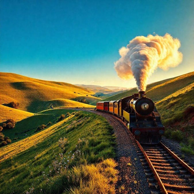 A vibrant view of an old-style steam train traveling through a picturesque countryside, with the warm sunlight cast over the landscape and the skyline.