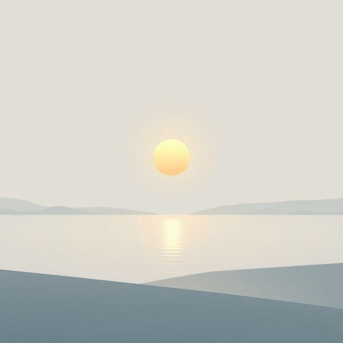 A serene beach scene with the sun setting over the horizon. The tranquility of a minimalist seaside, perfect for desktop and mobile wallpaper.