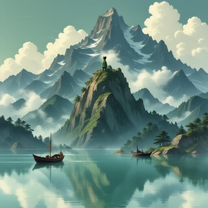 Immerse yourself in the serene beauty of this anime illustration, where a young samurai stands atop a majestic mountain peak, surrounded by a misty landscape and a tranquil lake with a small boat.