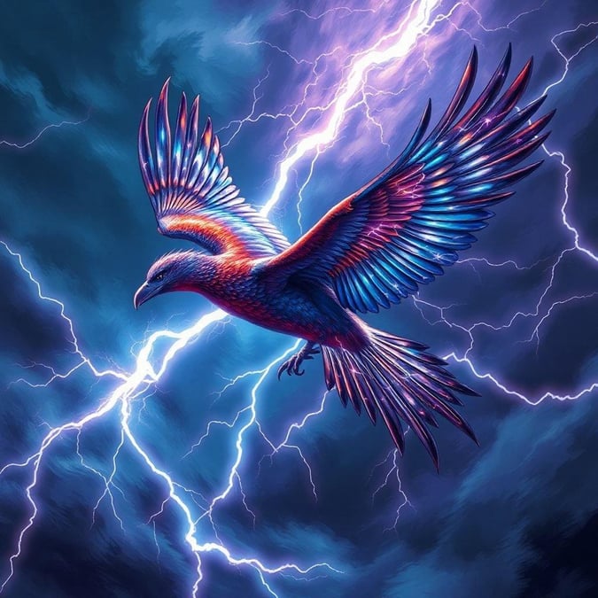 Soaring above the tempest, this magnificent eagle embodies the power of nature. Its wings spread wide, it dominates the sky with an air of regal grace. The image captures a moment frozen in time where man-made creations like lightning bolts seem to be at the mercy of the bird's masterful flight.