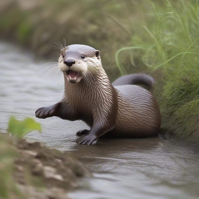 Enjoy the dynamic action of this otter as it leaps into a stream. This playful creature brings energy and joy to any space.