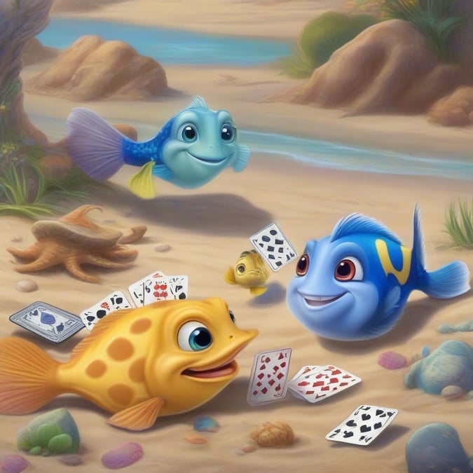 A lively scene from the beloved Disney movie featuring Marlin, Nemo, Dory, and their aquatic friends playing cards on a sandy beach shore.