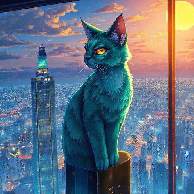 Illustration de style anime d'une déesse chat perchée haut, surplombant une ville animée au crépuscule. Le gratte-ciel, brillant de teintes bleues et vertes, se détache sur fond de lumières urbaines lointaines.